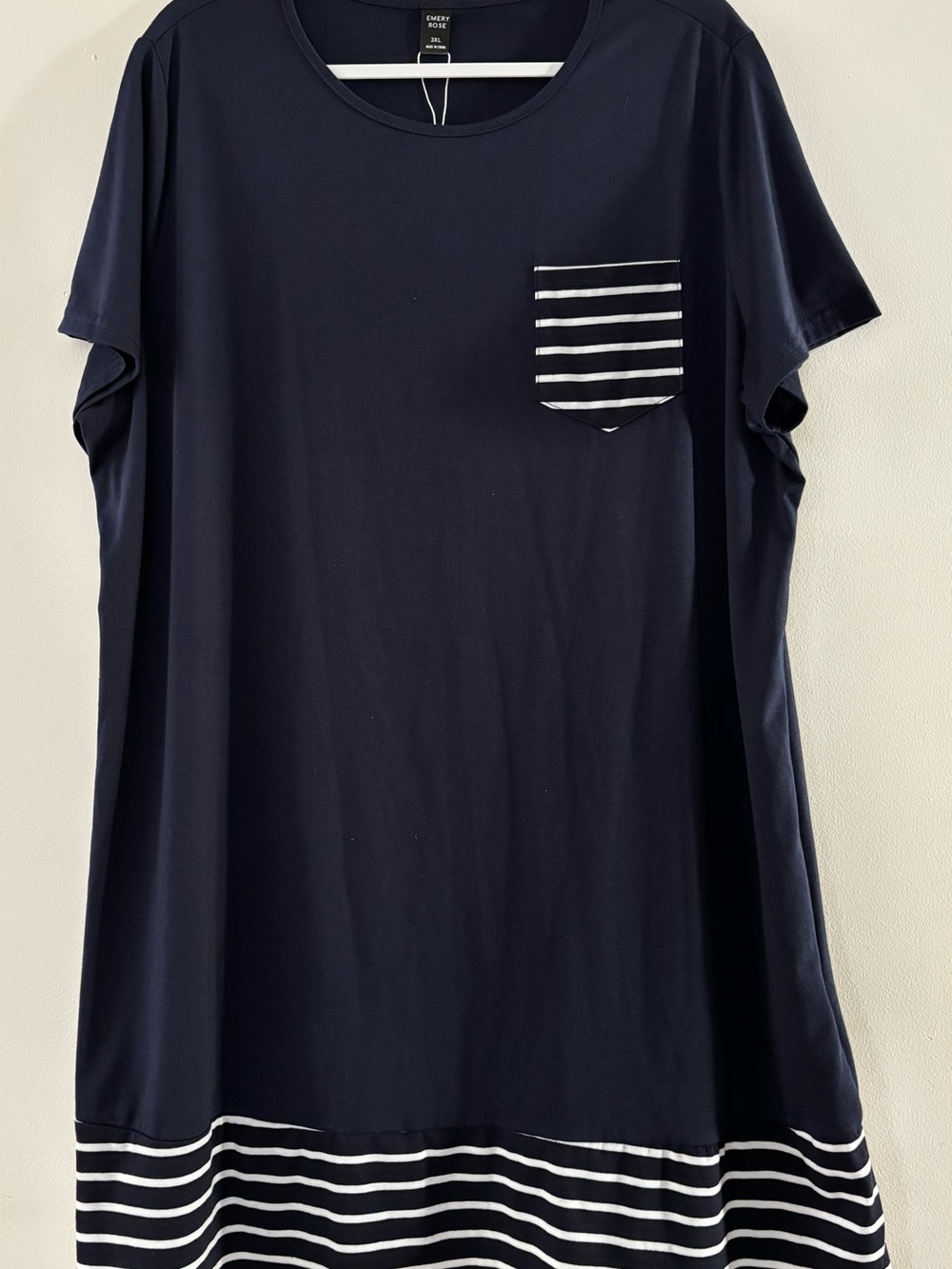 Every Day Navy Short-Sleeve Pocket Tunic Dress with Stripe Trim